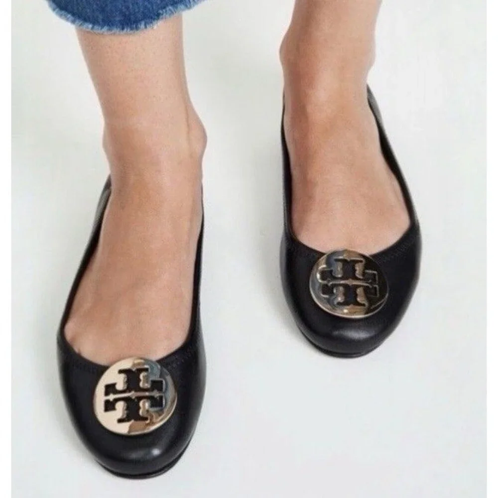 Tory Burch  Women’s  Shoe Minnie Metal Logo Flats  Leather Black Sz 9